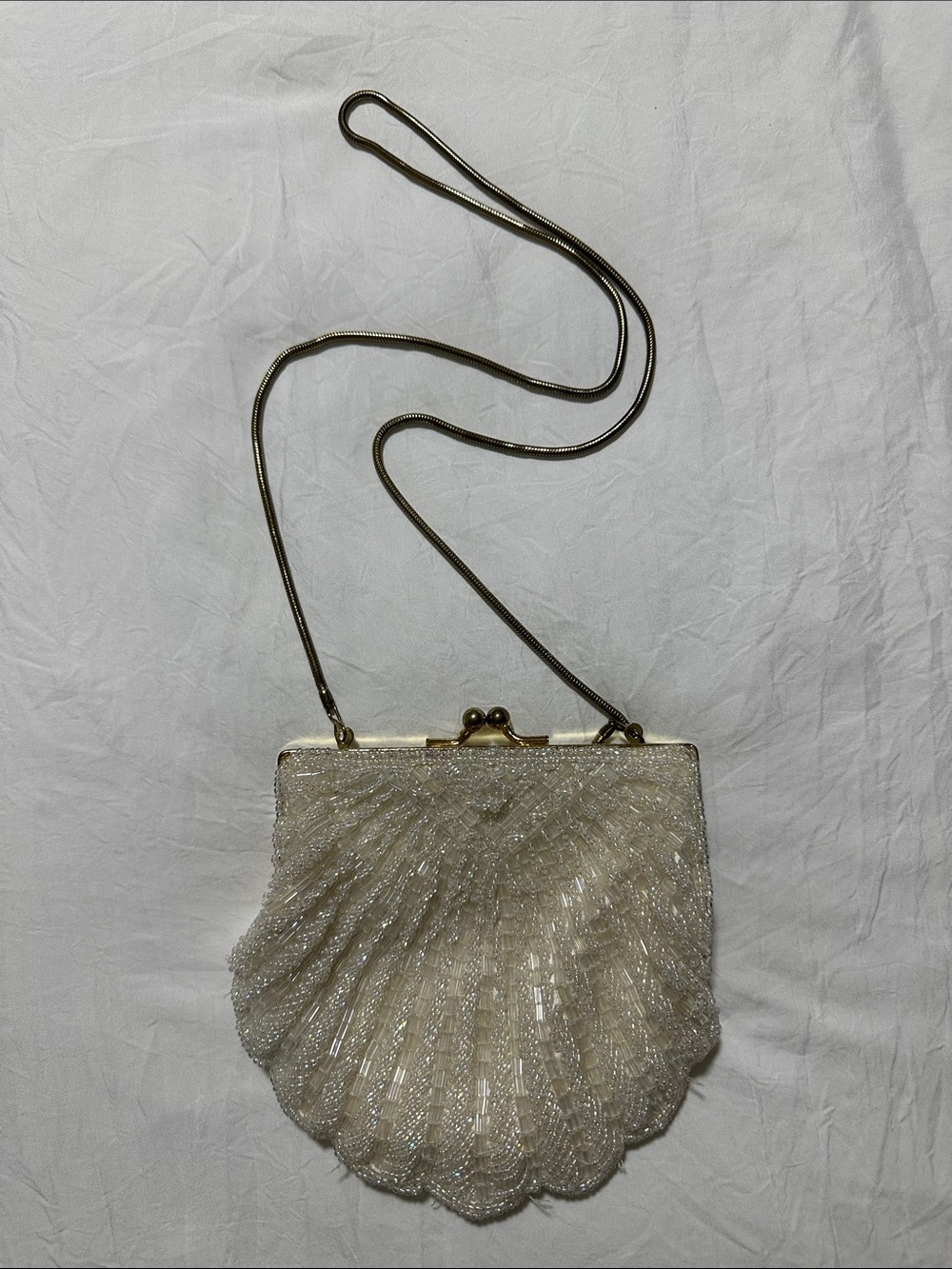 Vintage Scallop Shell White Beaded Evening Clutch Purse